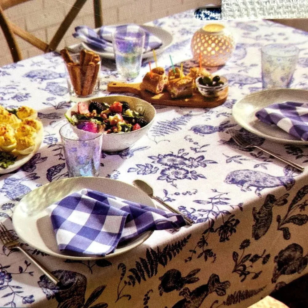 9pc Farmhouse Easter Bunny Tablecloth 60x104 Gingham Napkin Set Blue White NEW